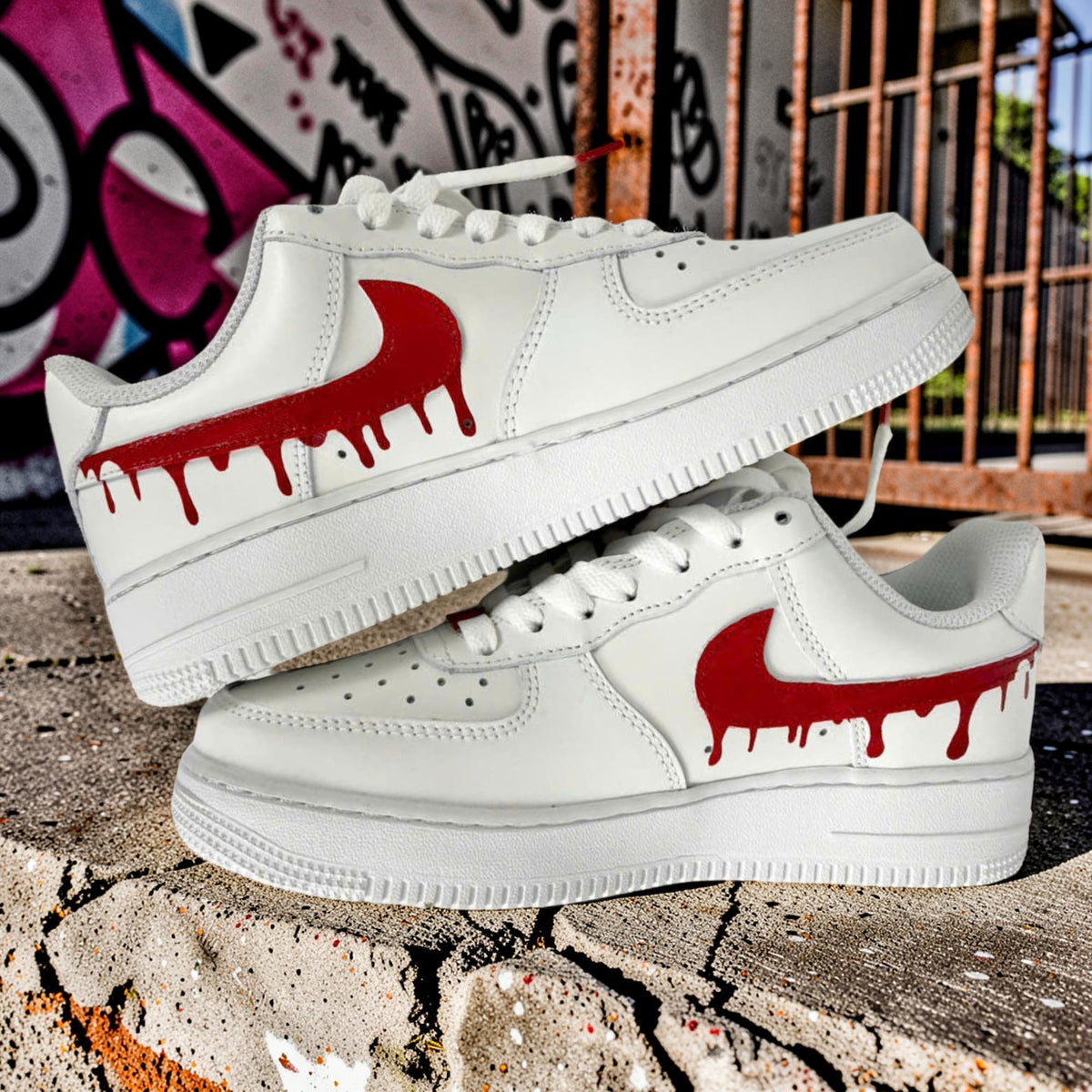Custom Air Force 1 Red Drip Sneakers, Hand Painted AF1 Shoes, Red Swoosh Streetwear White Sneakers