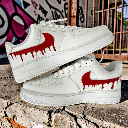 Custom Air Force 1 Red Drip Sneakers, Hand Painted AF1 Shoes, Red Swoosh Streetwear White Sneakers