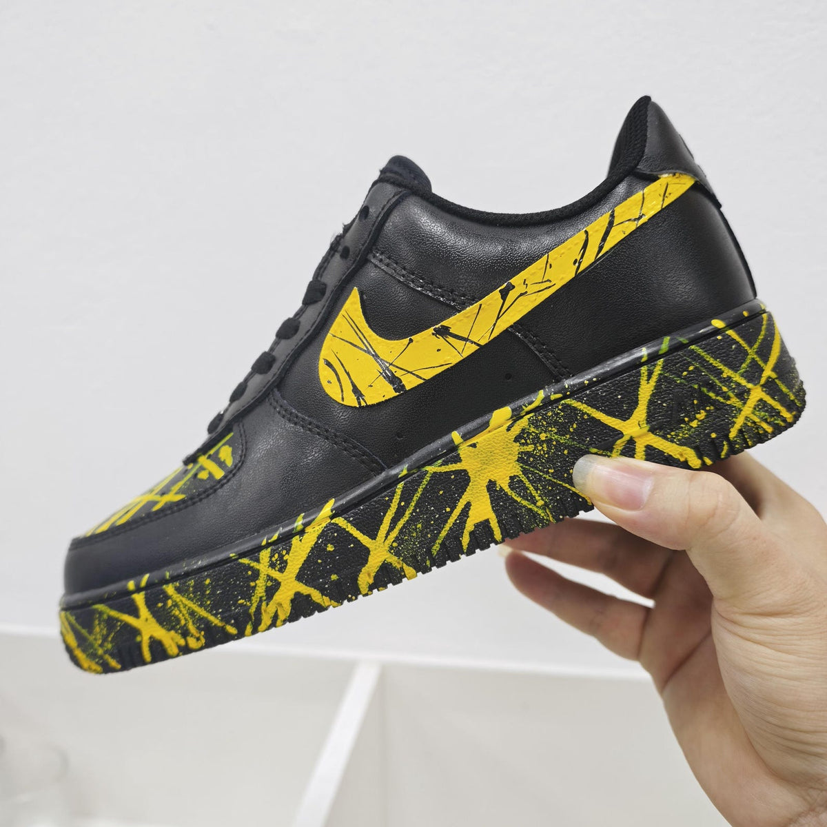 Custom Black Yellow AF1 Sneakers, Personalized Name Air Force 1 Shoes, Hand Painted Paint Splatter Sneakers, Streetwear Gift