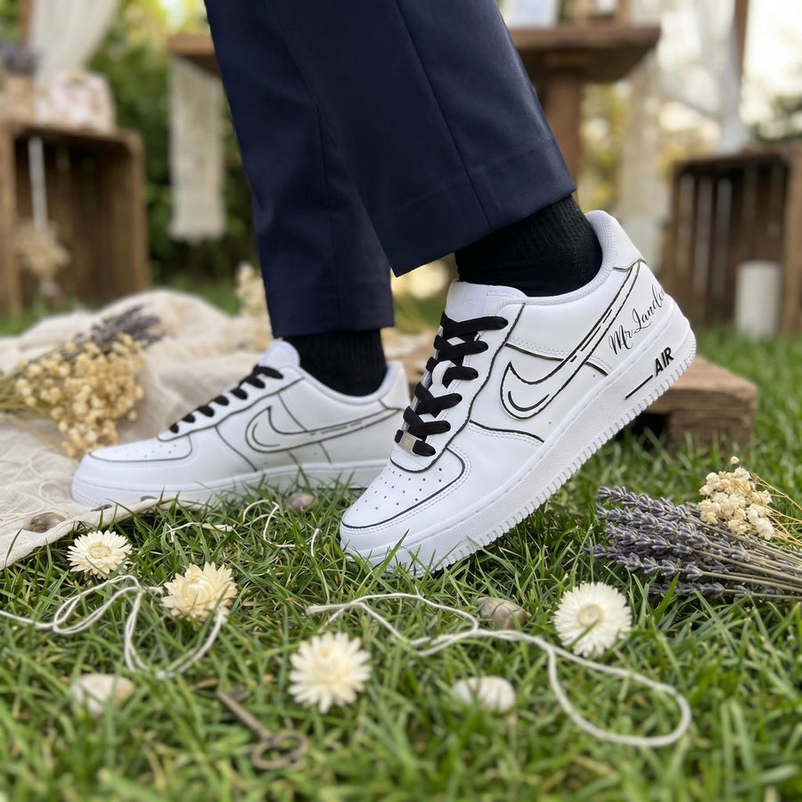 Custom Sneakers for Bridal/Groom | Black Line Art Hand-Painted Wedding Sneakers, Personalized with Name & Wedding Date