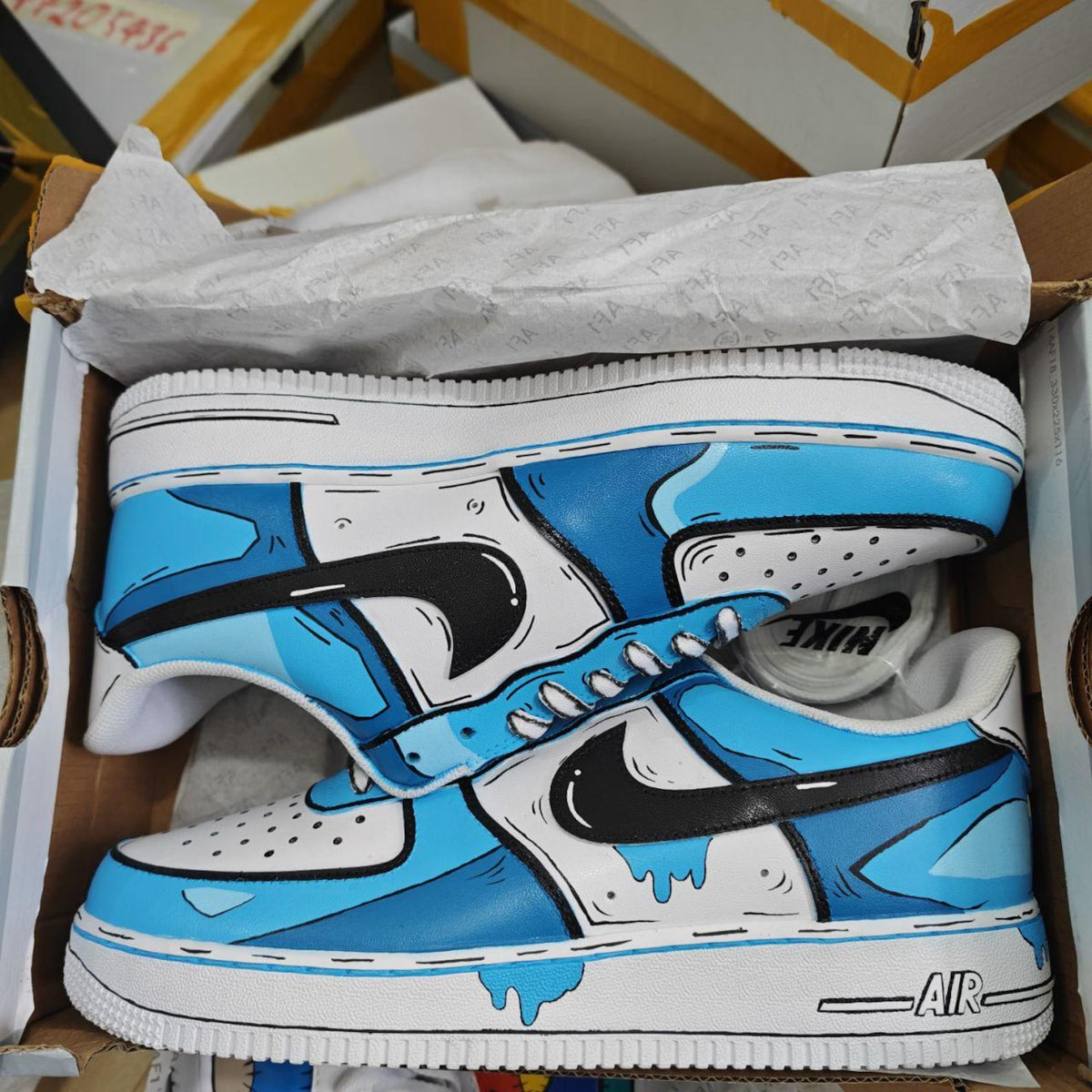 Hand Painted Cartoon Air Force 1 Sneakers, Custom AF1 Comic Style Shoes, Blue Drip Streetwear Low Top Gift for Sneaker Fans