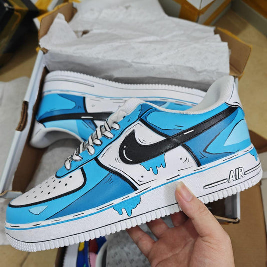 Hand Painted Cartoon Air Force 1 Sneakers, Custom AF1 Comic Style Shoes, Blue Drip Streetwear Low Top Gift for Sneaker Fans