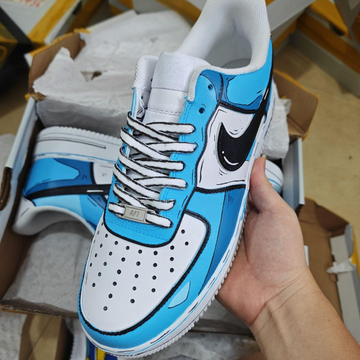 Hand Painted Cartoon Air Force 1 Sneakers, Custom AF1 Comic Style Shoes, Blue Drip Streetwear Low Top Gift for Sneaker Fans