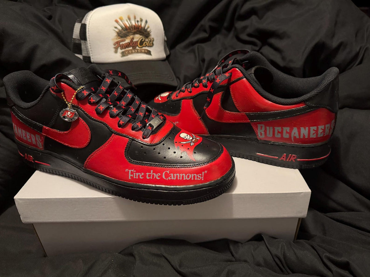 Custom Hand-Painted Red & Black Street wear Tampa Bay AF1’s (Free crease Guard Included)