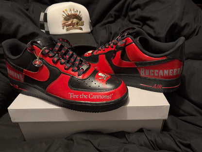 Custom Hand-Painted Red & Black Street wear Tampa Bay AF1’s (Free crease Guard Included)