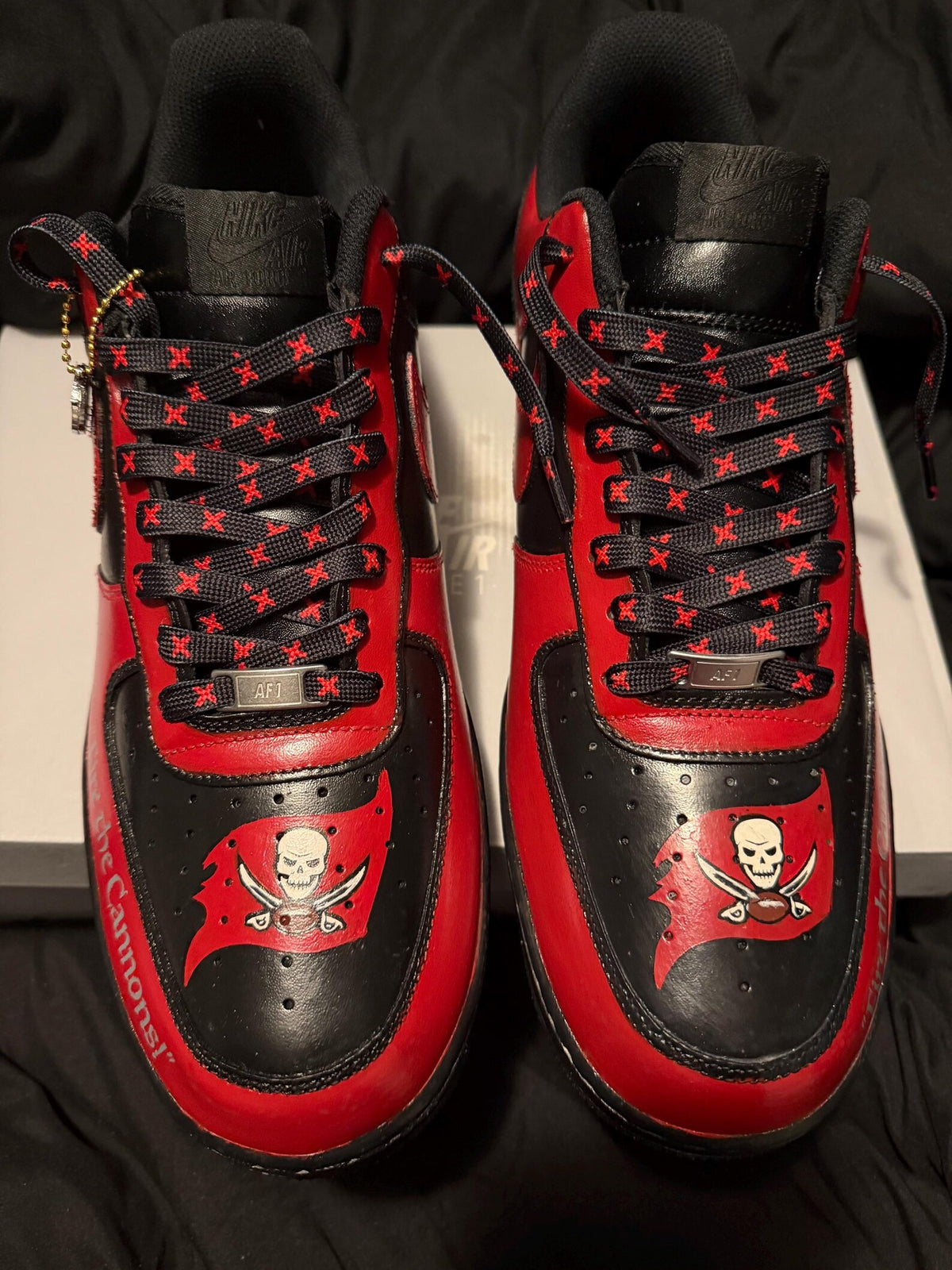 Custom Hand-Painted Red & Black Street wear Tampa Bay AF1’s (Free crease Guard Included)