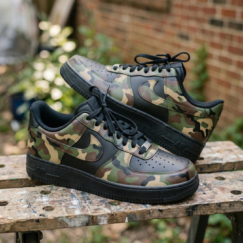 Custom Black Camo AF1 Sneakers, Hand Painted Camouflage Shoes, Tactical Streetwear Sneakers, Military Style Air Force One Gift