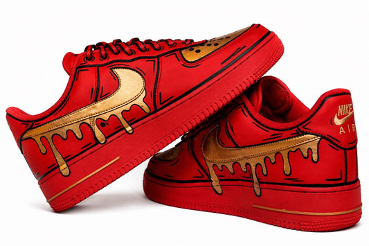 Custom Cartoon Air Force 1 Red & Gold | Hand Painted AF1 Sneakers | Drip Swoosh Design | Comic Style Nike Shoes | Unique Streetwear Gift