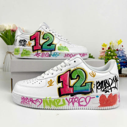 Custom Graffiti AF1 Sneakers, Personalized Number 12 Birthday Shoes, Hand Painted Street Art Air Force 1 Gift