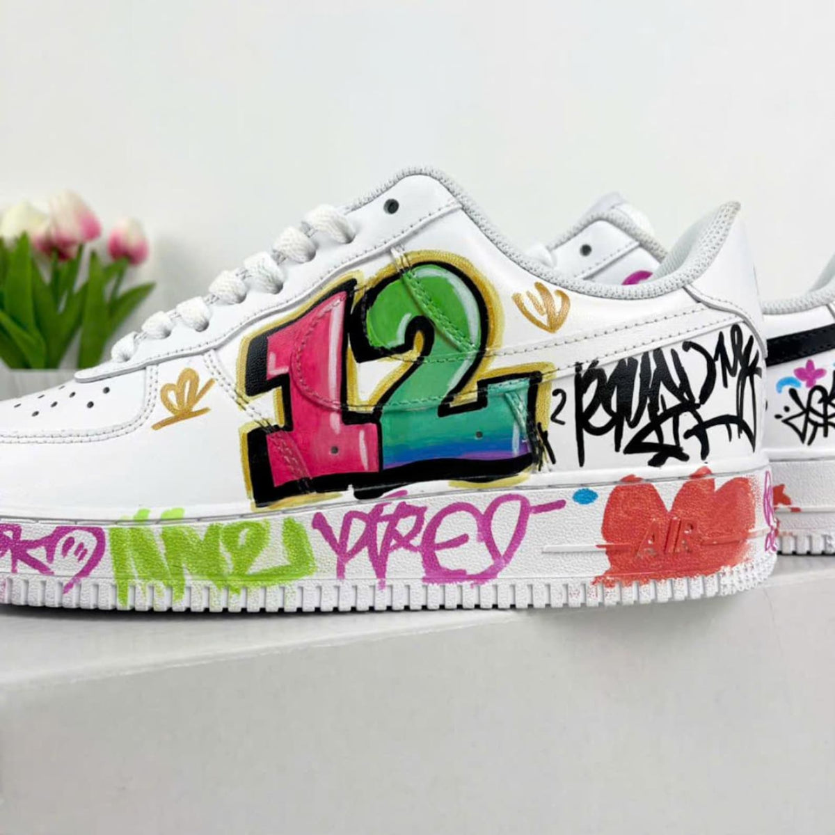 Custom Graffiti AF1 Sneakers, Personalized Number 12 Birthday Shoes, Hand Painted Street Art Air Force 1 Gift