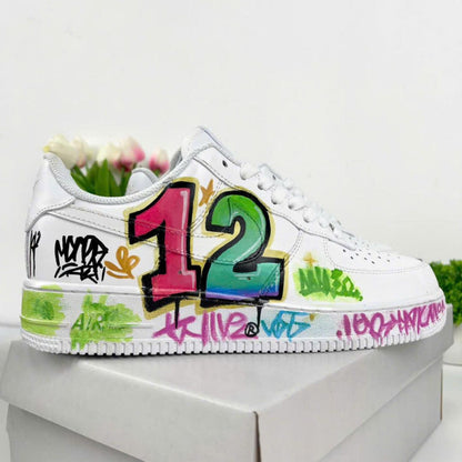 Custom Graffiti AF1 Sneakers, Personalized Number 12 Birthday Shoes, Hand Painted Street Art Air Force 1 Gift