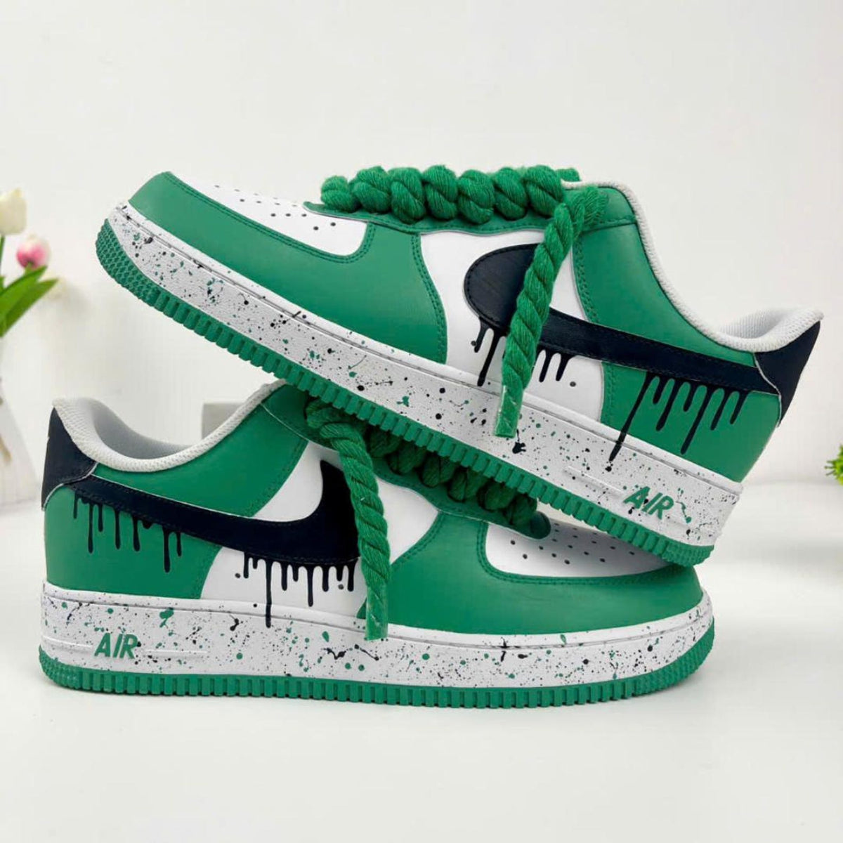 Custom Green Drip AF1 Sneakers, Hand Painted Black Paint Drip Air Force 1 Shoes, Rope Lace Streetwear Sneakers, Unisex Gift