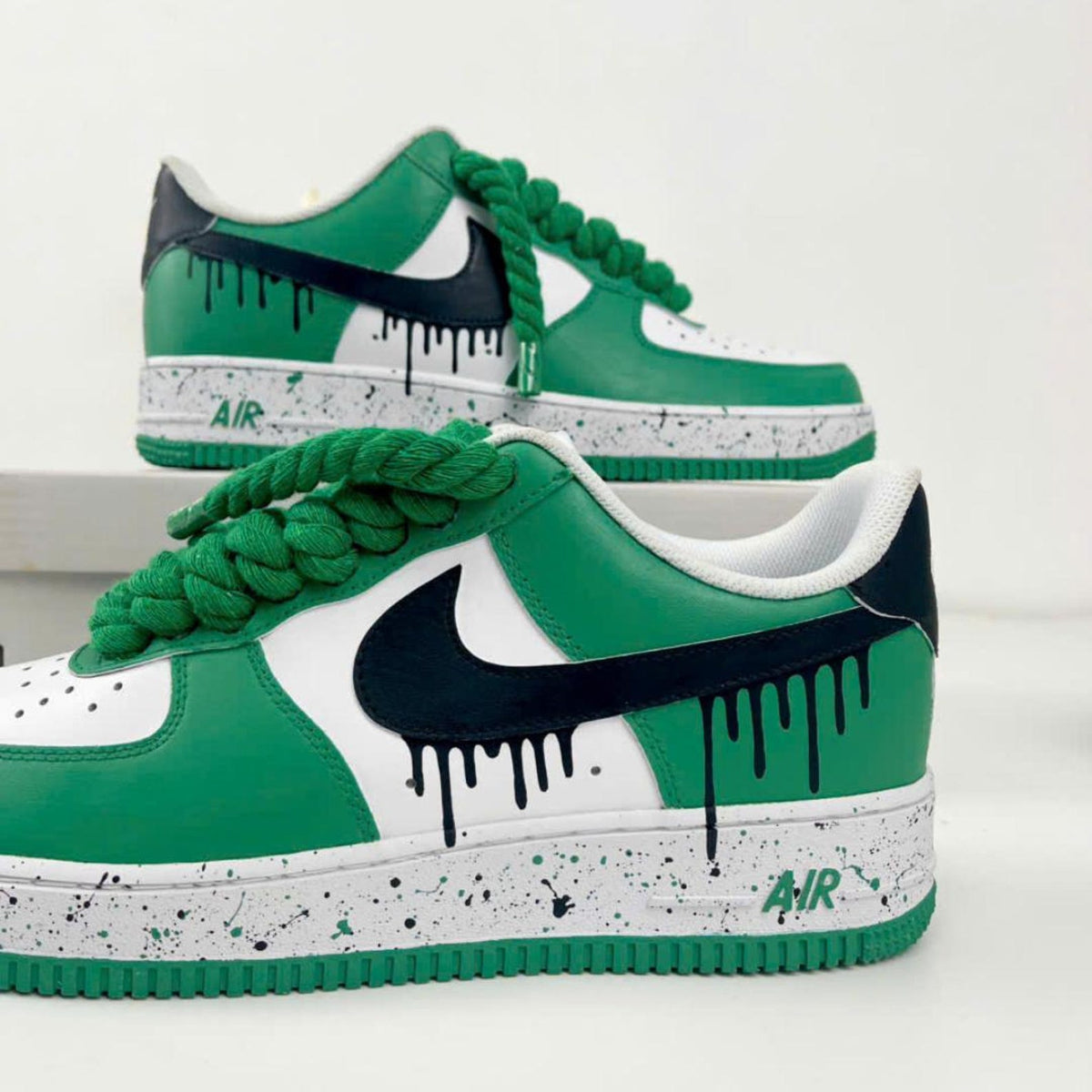 Custom Green Drip AF1 Sneakers, Hand Painted Black Paint Drip Air Force 1 Shoes, Rope Lace Streetwear Sneakers, Unisex Gift