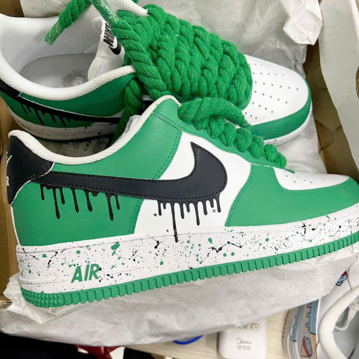 Custom Green Drip AF1 Sneakers, Hand Painted Black Paint Drip Air Force 1 Shoes, Rope Lace Streetwear Sneakers, Unisex Gift