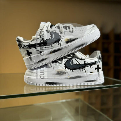 Custom Air force one Handpainted anime style japanese grey cross painted and white design for streetwear lovers