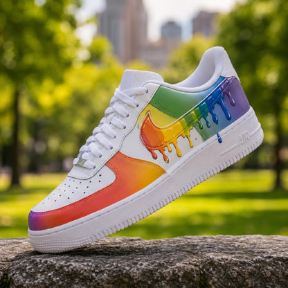 Custom Rainbow Drip Air Force 1 Sneakers, Hand Painted Pride Swoosh Kicks