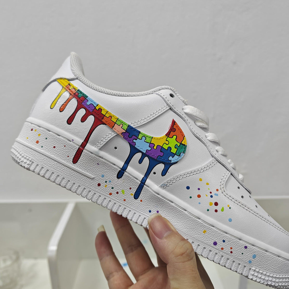 Custom Autism Awareness Air Force 1 Sneakers, Rainbow Puzzle Drip Shoes, Hand Painted AF1
