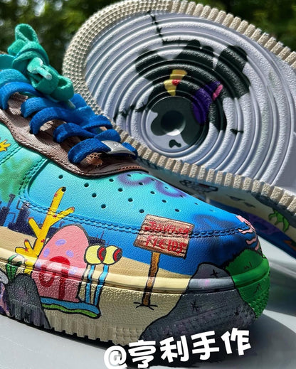 Custom Cartoon Air Force 1 Sneakers, Ocean Inspired Hand Painted Shoes