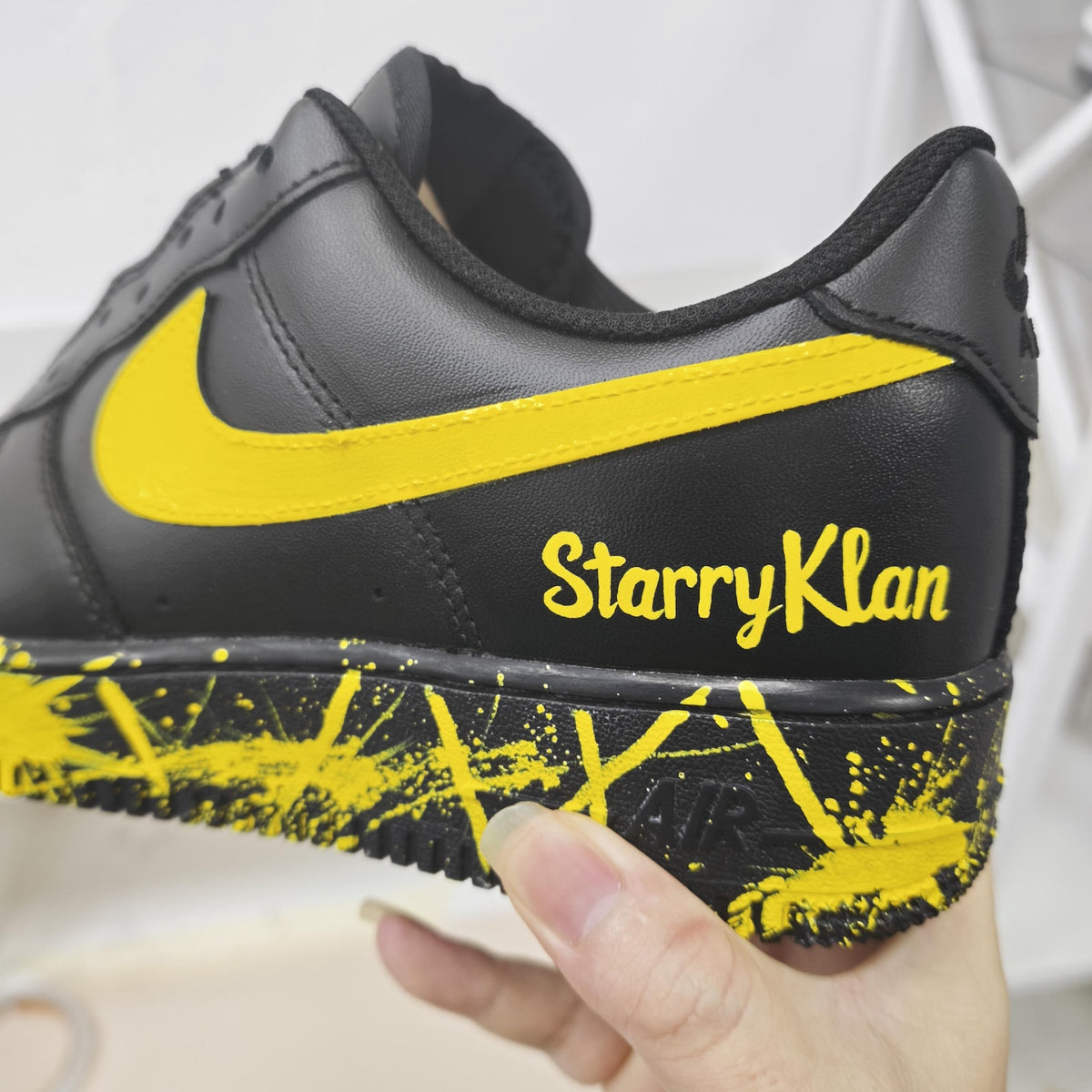 Custom Black Yellow AF1 Sneakers, Personalized Name Air Force 1 Shoes, Hand Painted Paint Splatter Sneakers, Streetwear Gift