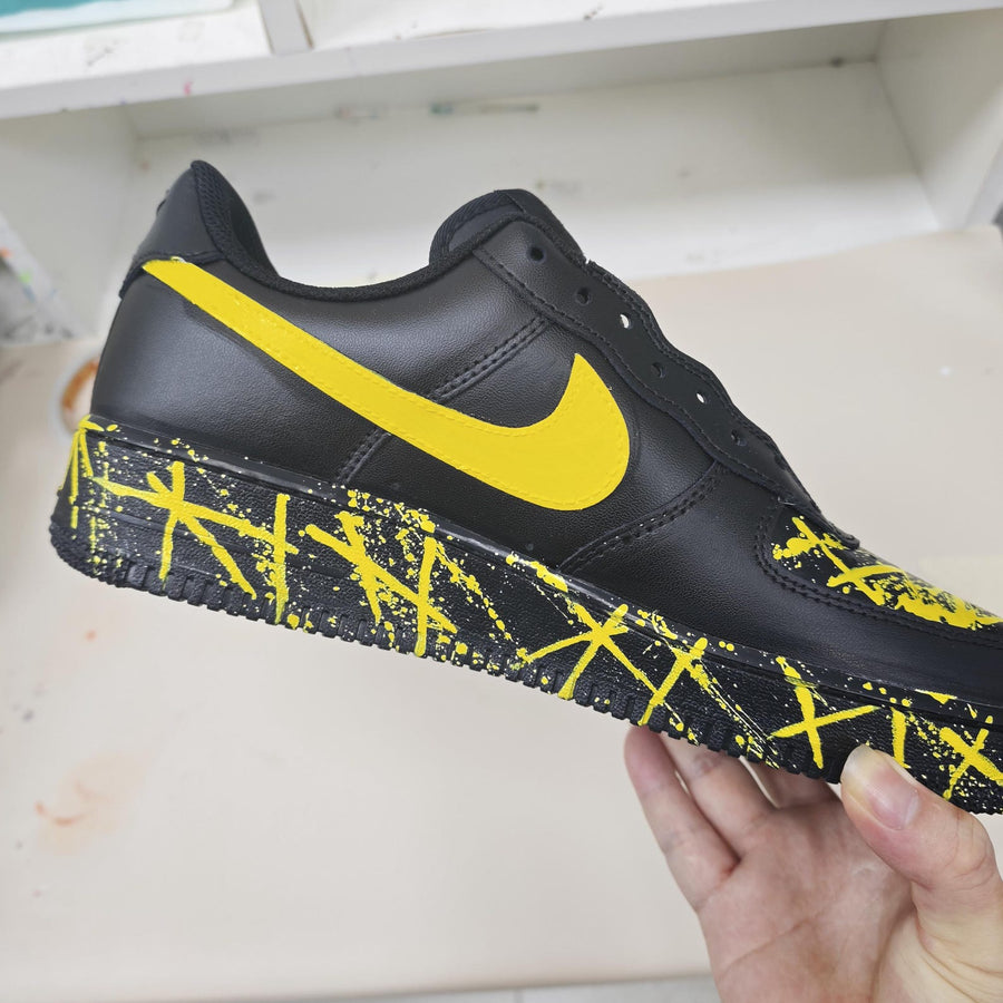 Custom Black Yellow AF1 Sneakers, Personalized Name Air Force 1 Shoes, Hand Painted Paint Splatter Sneakers, Streetwear Gift
