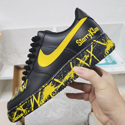 Custom Black Yellow AF1 Sneakers, Personalized Name Air Force 1 Shoes, Hand Painted Paint Splatter Sneakers, Streetwear Gift