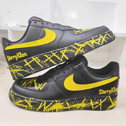 Custom Black Yellow AF1 Sneakers, Personalized Name Air Force 1 Shoes, Hand Painted Paint Splatter Sneakers, Streetwear Gift
