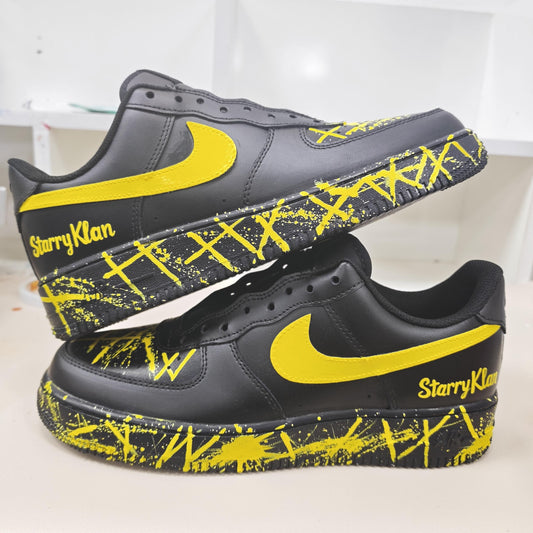Custom Black Yellow AF1 Sneakers, Personalized Name Air Force 1 Shoes, Hand Painted Paint Splatter Sneakers, Streetwear Gift
