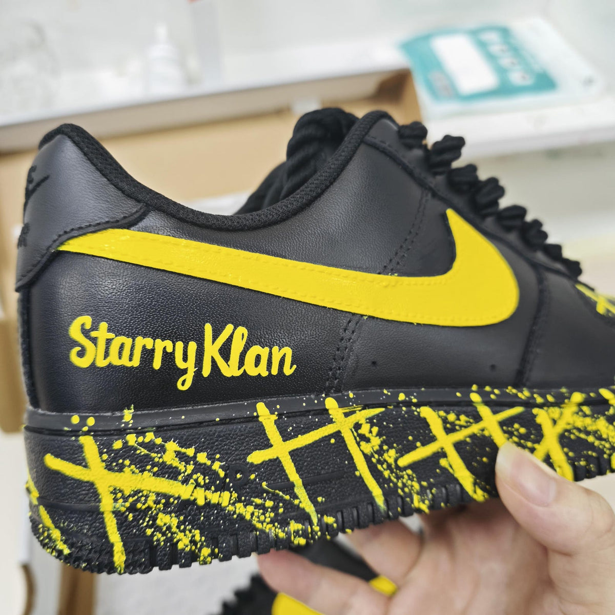 Custom Black Yellow AF1 Sneakers, Personalized Name Air Force 1 Shoes, Hand Painted Paint Splatter Sneakers, Streetwear Gift