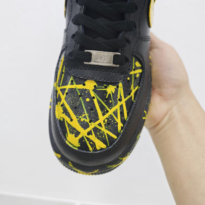 Custom Black Yellow AF1 Sneakers, Personalized Name Air Force 1 Shoes, Hand Painted Paint Splatter Sneakers, Streetwear Gift
