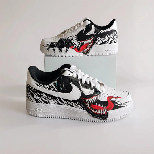 Hand Painted Custom White AF1 with Black Tendrils and White Spider Logo, Symbiote Streetwear Shoes for Fans