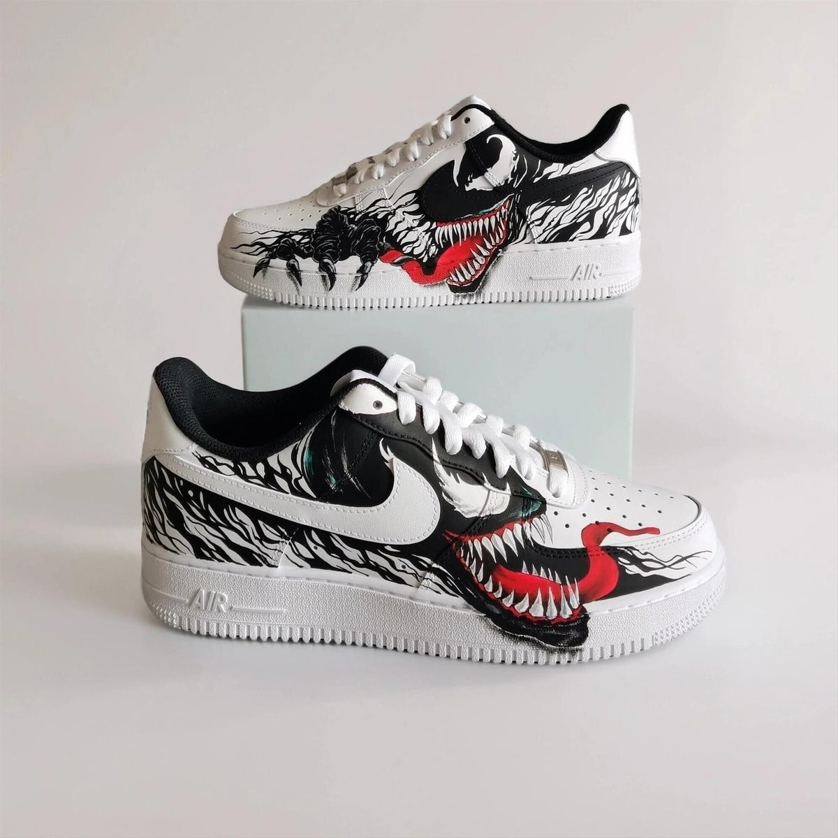 Hand Painted Custom White AF1 with Black Tendrils and White Spider Logo, Symbiote Streetwear Shoes for Fans