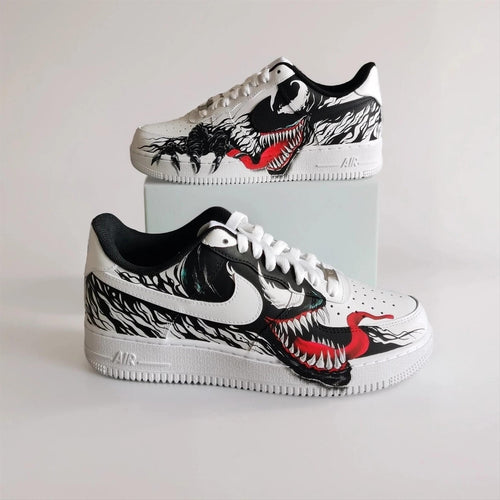 Hand Painted Custom White AF1 with Black Tendrils and White Spider Logo, Symbiote Streetwear Shoes for Fans