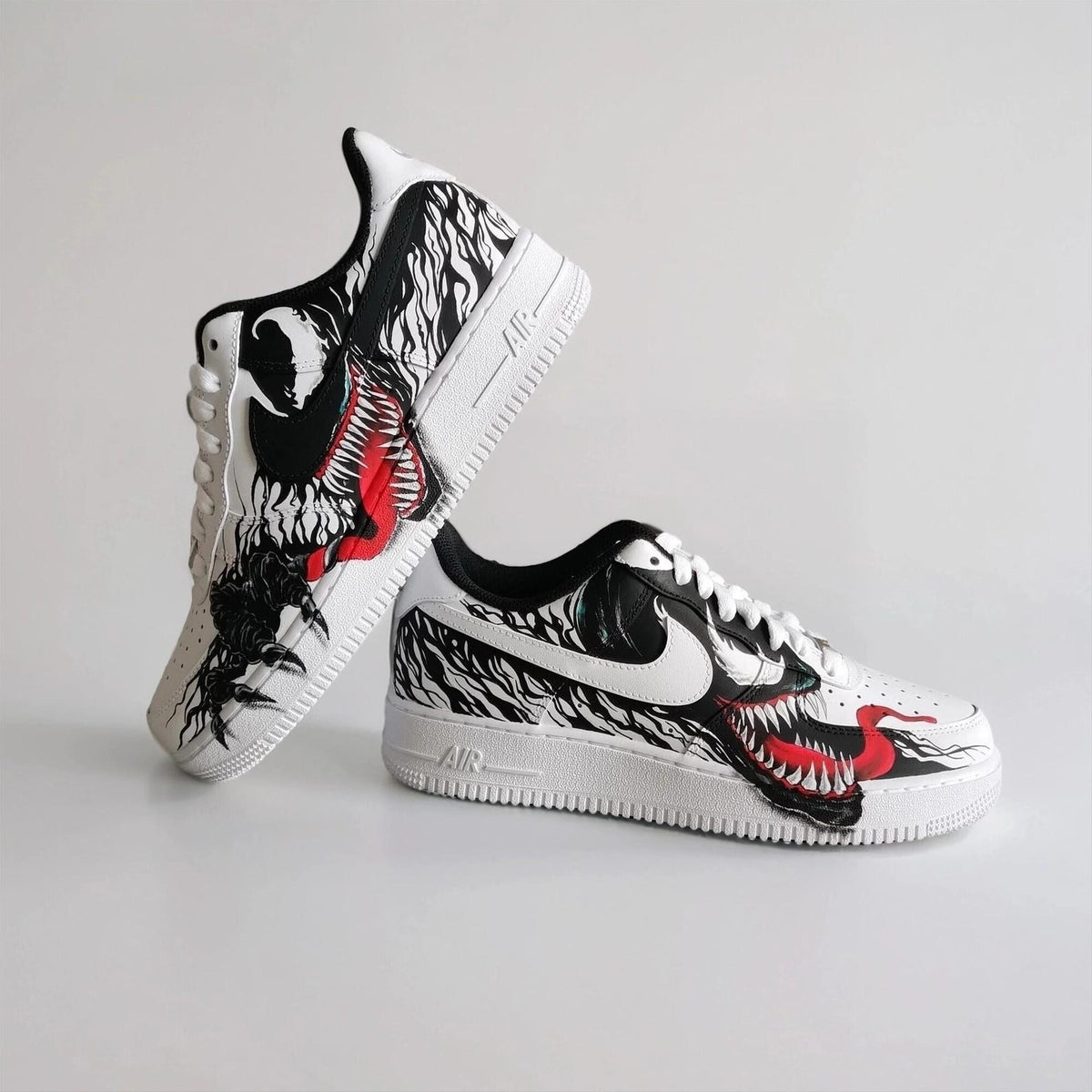 Hand Painted Custom White AF1 with Black Tendrils and White Spider Logo, Symbiote Streetwear Shoes for Fans