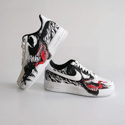Hand Painted Custom White AF1 with Black Tendrils and White Spider Logo, Symbiote Streetwear Shoes for Fans