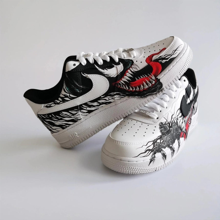 Hand Painted Custom White AF1 with Black Tendrils and White Spider Logo – Symbiote Streetwear Shoes for Fans