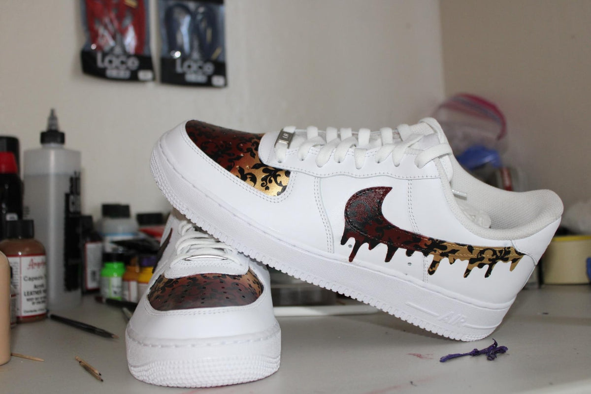 Custom Air Force 1 Burgundy Gold Damask | Luxury Hand Painted AF1 | Drip Swoosh Sneakers | Personalized Custom Nike Shoes