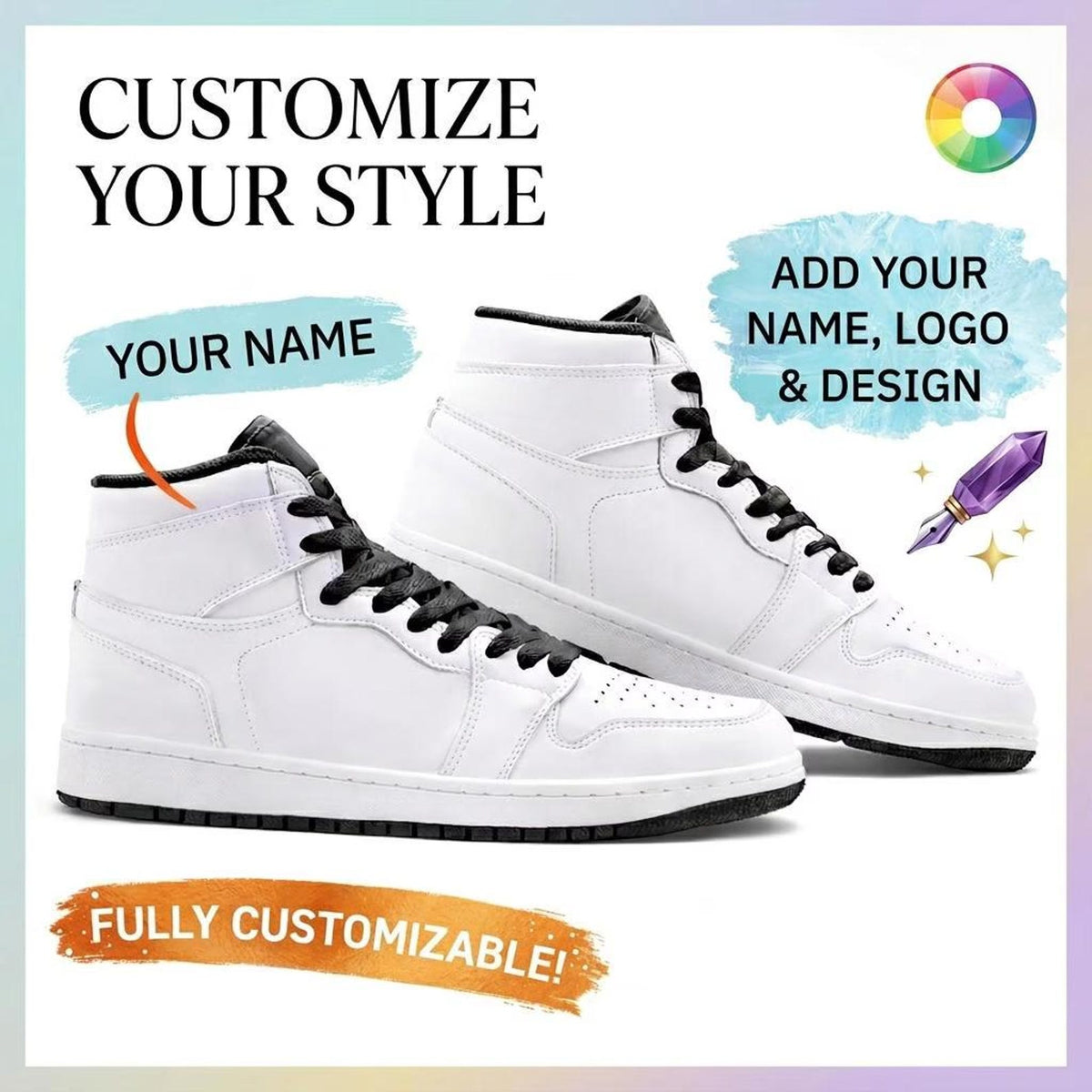 Custom High Top Shoes White, Personalized Printed High Top Shoes, Custom Design Sneakers, Name Or Logo High Tops, Unique Gift Idea