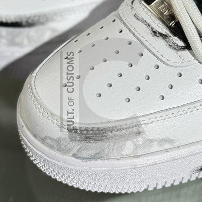 Custom Air force one Handpainted anime style japanese grey cross painted and white design for streetwear lovers