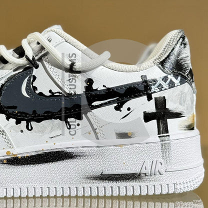 Custom Air force one Handpainted anime style japanese grey cross painted and white design for streetwear lovers
