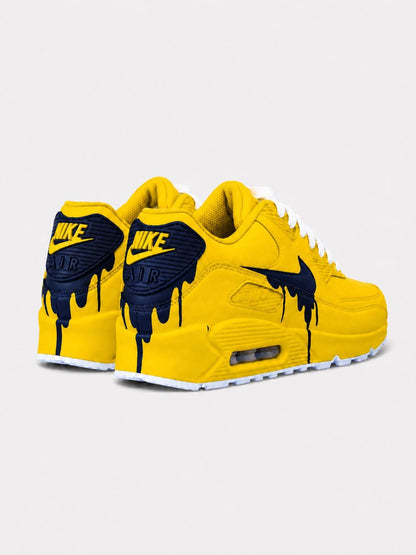Custom Nike Air Max 90 Sneakers | Yellow Navy Hand-Painted Drip Design | Personalized Streetwear Shoes | Indiana