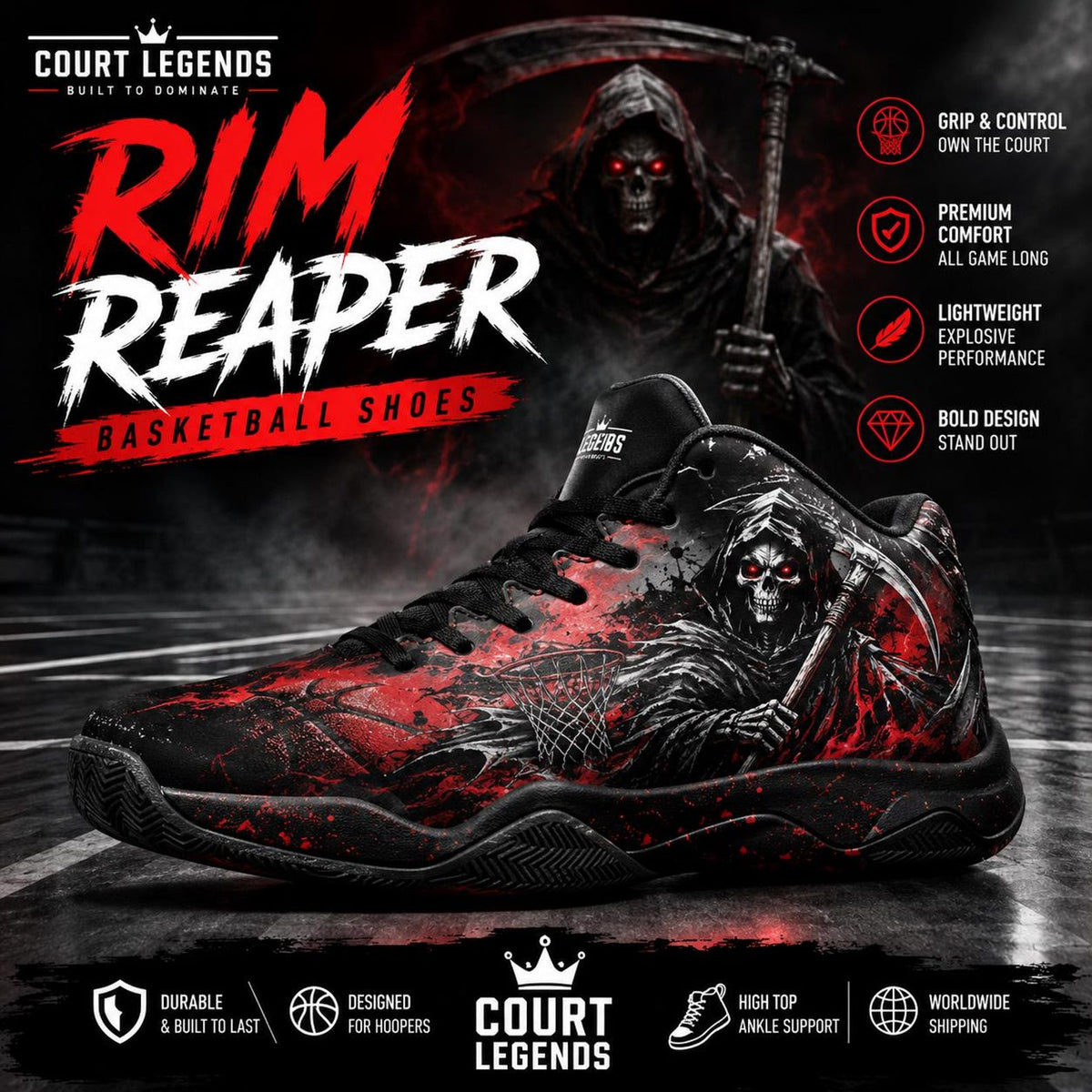 Rim Reaper Basketball Shoes | Grim Reaper High Top Sneakers | Custom Streetwear Hoops