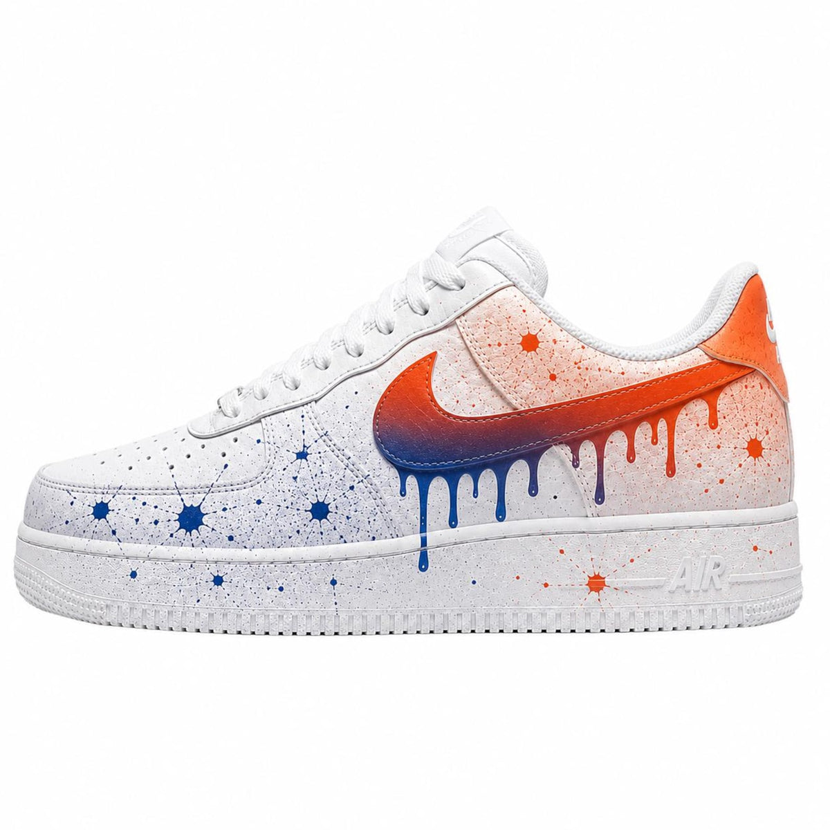 Custom Hand-Painted Nike Air Force 1 Shoes | Orange & Blue Splatter Drip Sneaker