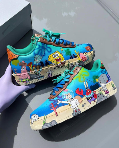 Custom Cartoon Air Force 1 Sneakers, Ocean Inspired Hand Painted Shoes