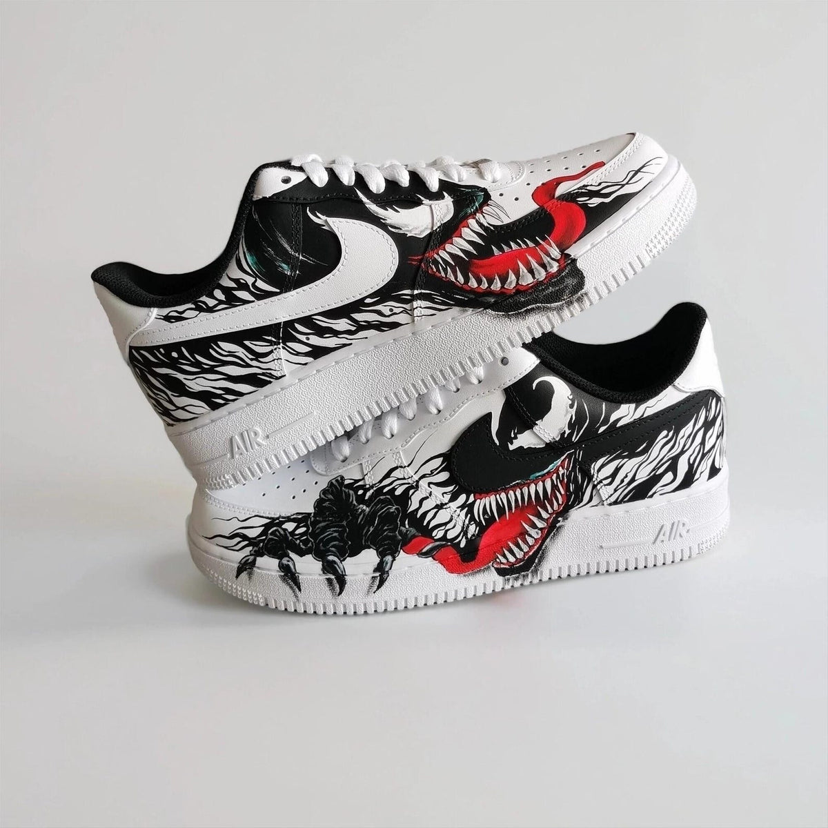 Hand Painted Custom White AF1 with Black Tendrils and White Spider Logo, Symbiote Streetwear Shoes for Fans