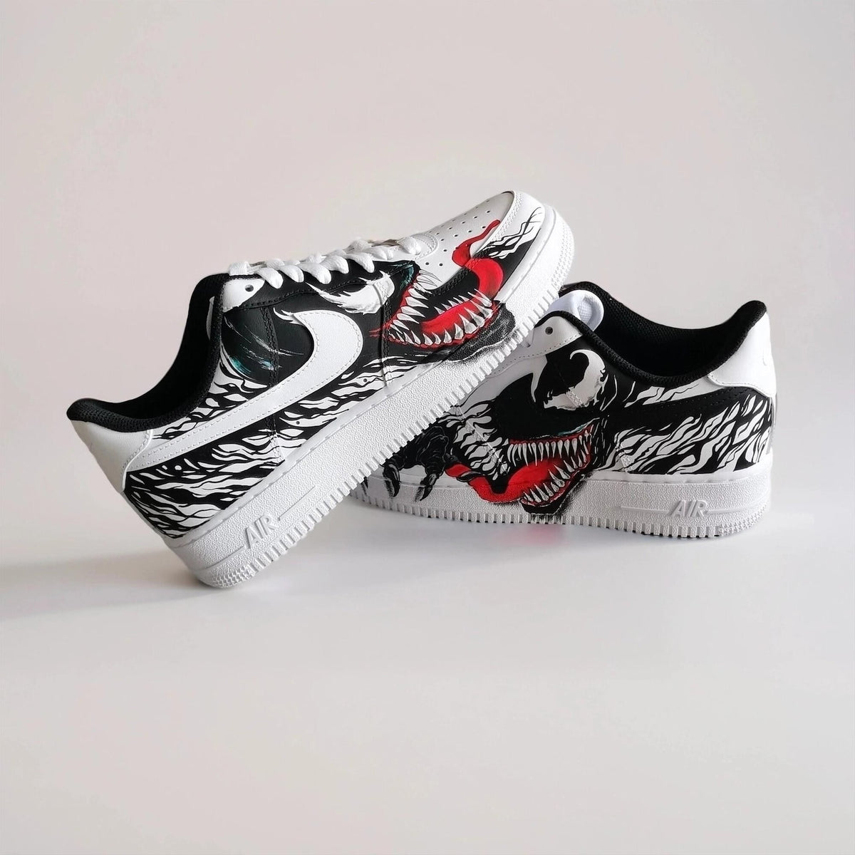 Hand Painted Custom White AF1 with Black Tendrils and White Spider Logo, Symbiote Streetwear Shoes for Fans