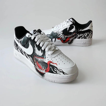 Hand Painted Custom White AF1 with Black Tendrils and White Spider Logo, Symbiote Streetwear Shoes for Fans