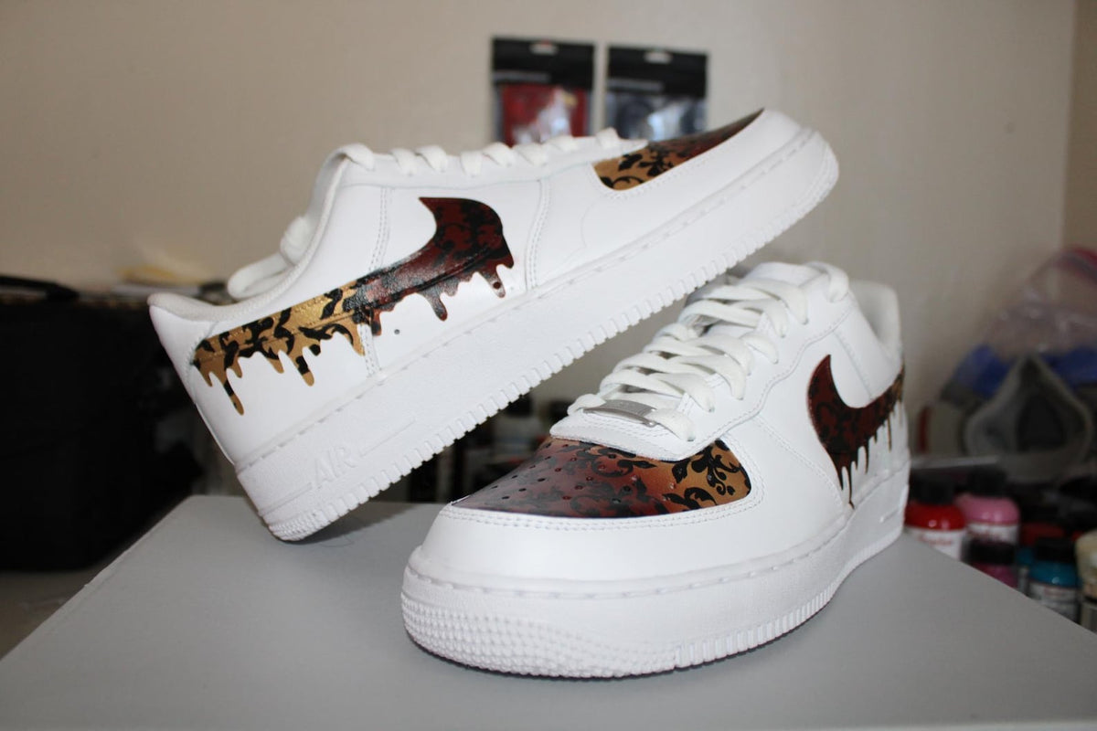 Custom Air Force 1 Burgundy Gold Damask | Luxury Hand Painted AF1 | Drip Swoosh Sneakers | Personalized Custom Nike Shoes