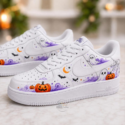 Custom Halloween Sneakers, Hand Painted Ghost Pumpkin Shoes, Spooky Streetwear Gift