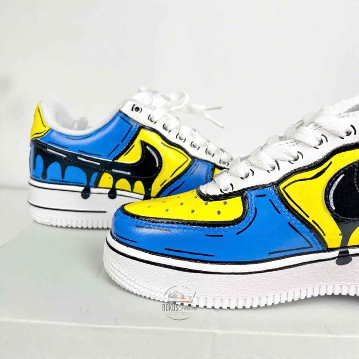 Custom Hand Painted Comic Style AF1 Sneakers, Personalized Blue Yellow Drip Air Force 1 Shoes, Unique Streetwear Gift