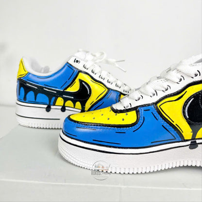 Custom Hand Painted Comic Style AF1 Sneakers, Personalized Blue Yellow Drip Air Force 1 Shoes, Unique Streetwear Gift